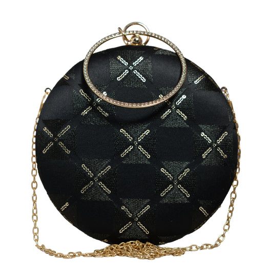 Black Cross Pattern Embroidery Round Clutch
