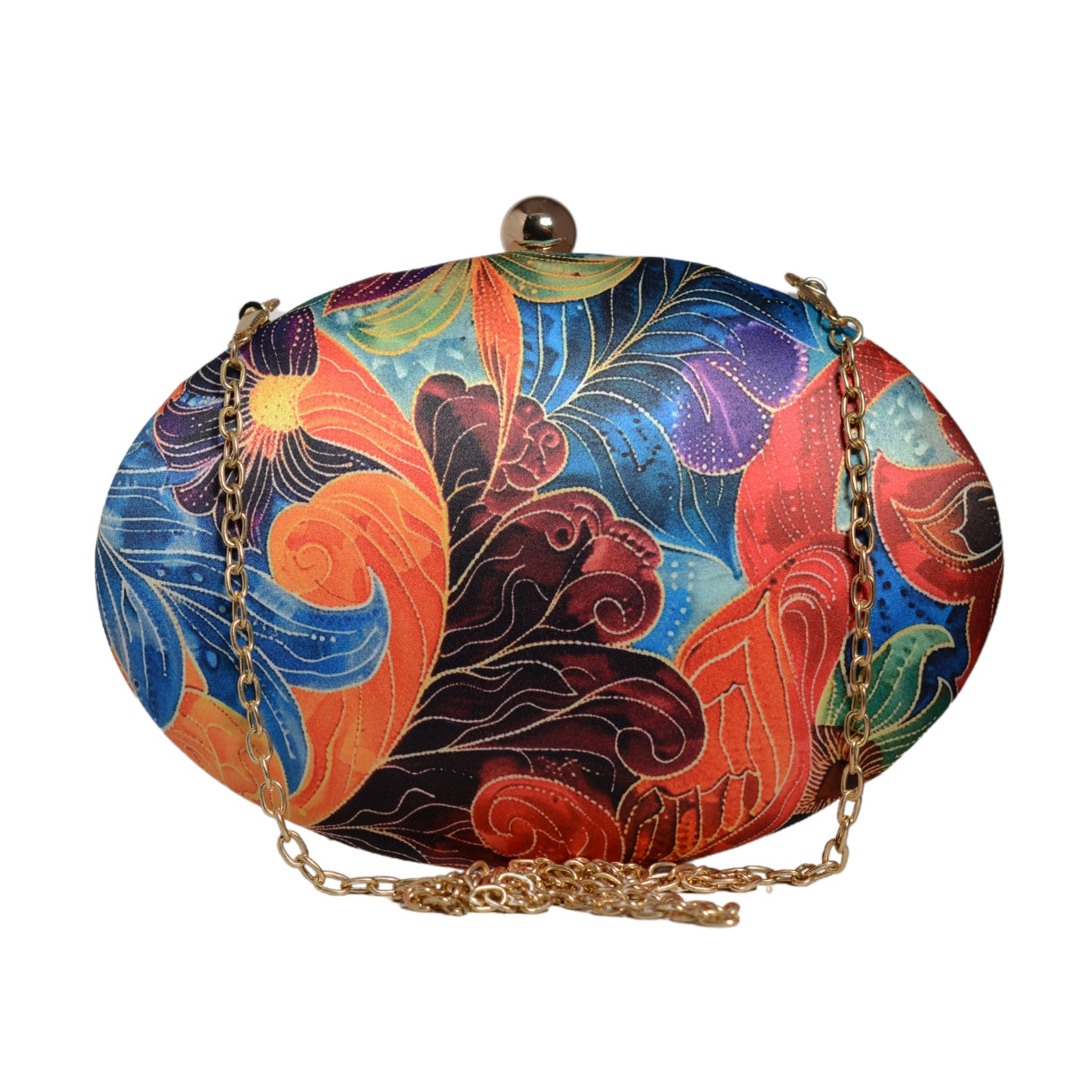 Multicolor Leaves Printed Oval Clutch