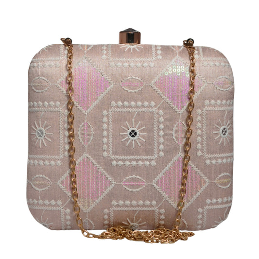 Pink And White Thread Embroidery Clutch
