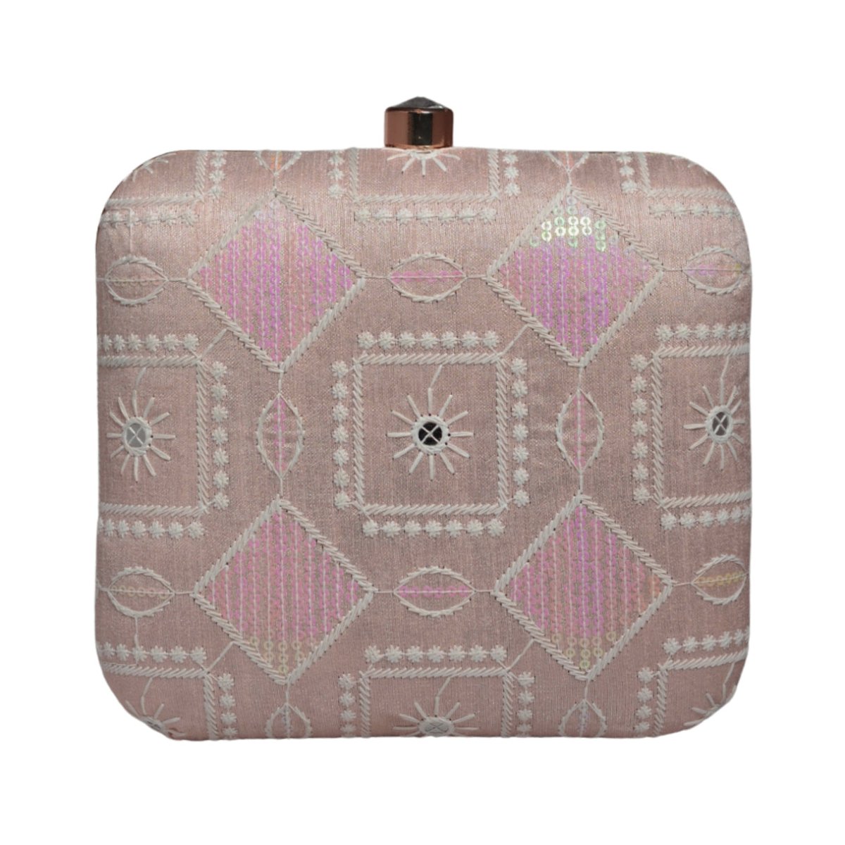 Pink And White Thread Embroidery Clutch