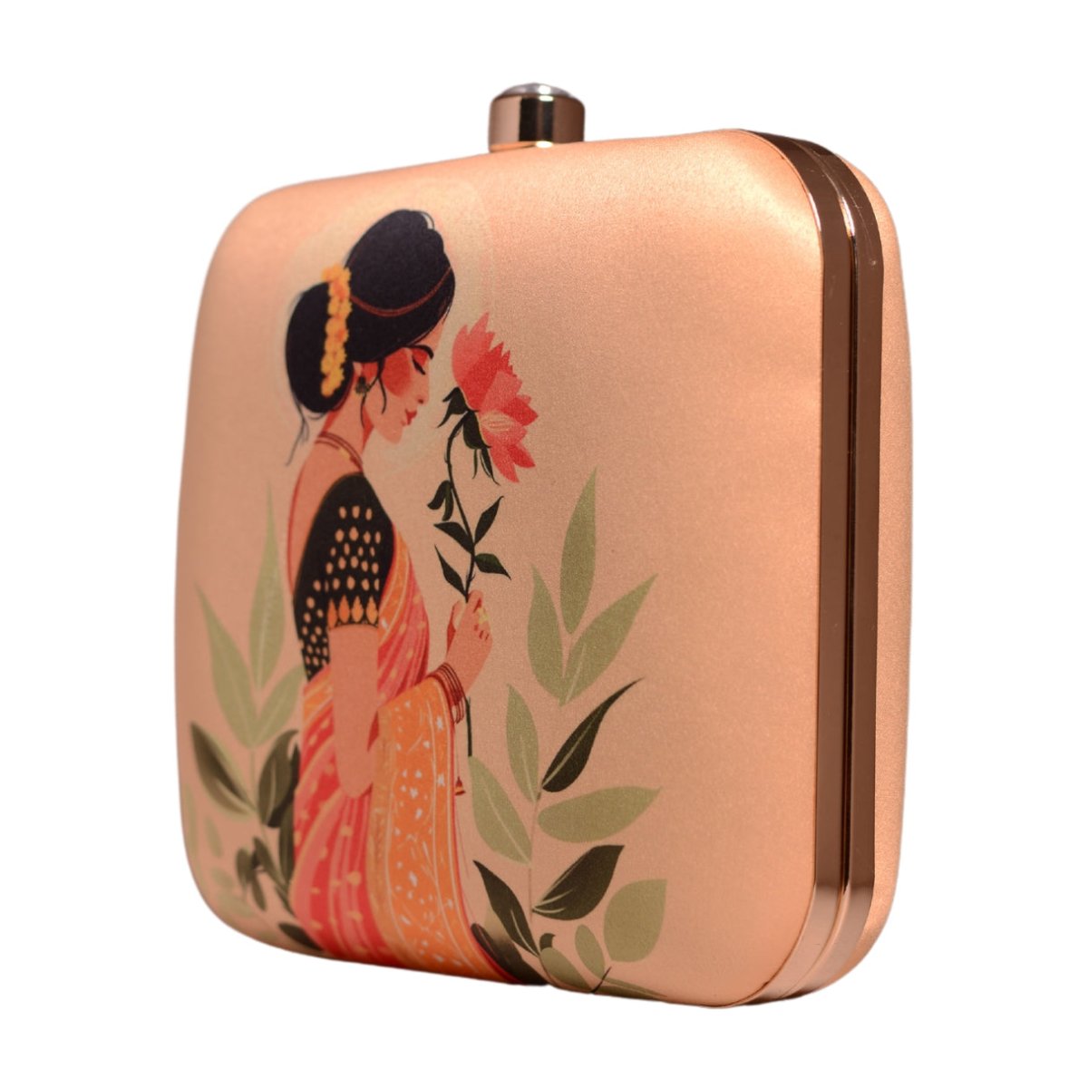 Beige Based Indian Woman In Saree Printed Clutch