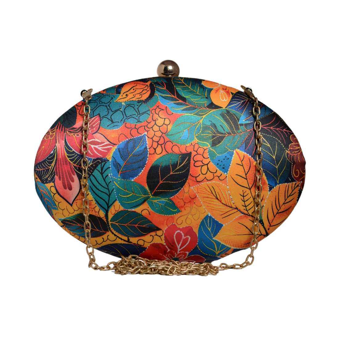 Multicolor Batik Leaves Printed Oval Clutch