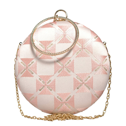 Pink Checks Pattern Embroidery Round Clutch