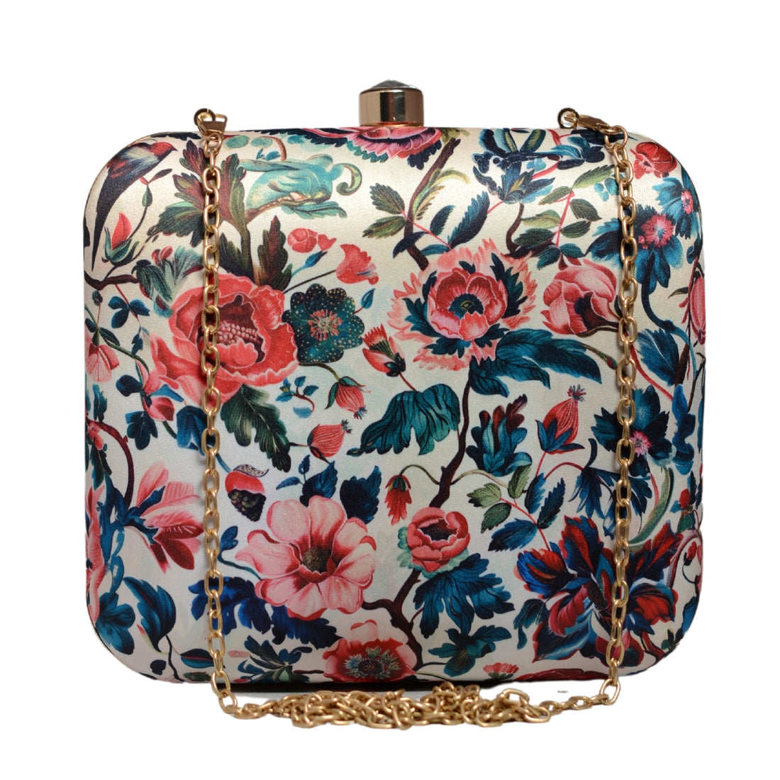 White Based Pink Floral Printed Clutch