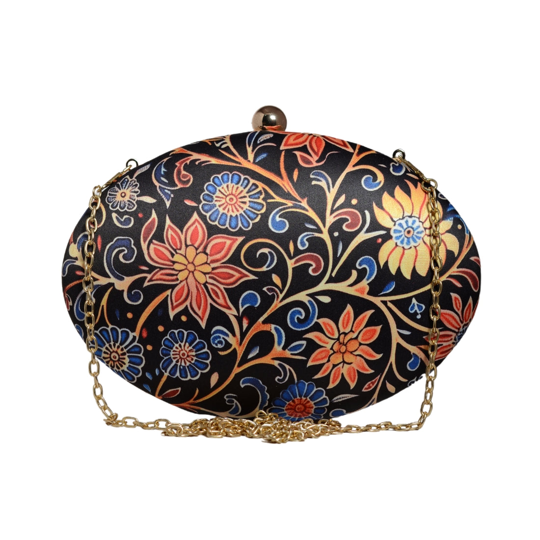 Black Floral Batik Print Oval Clutch