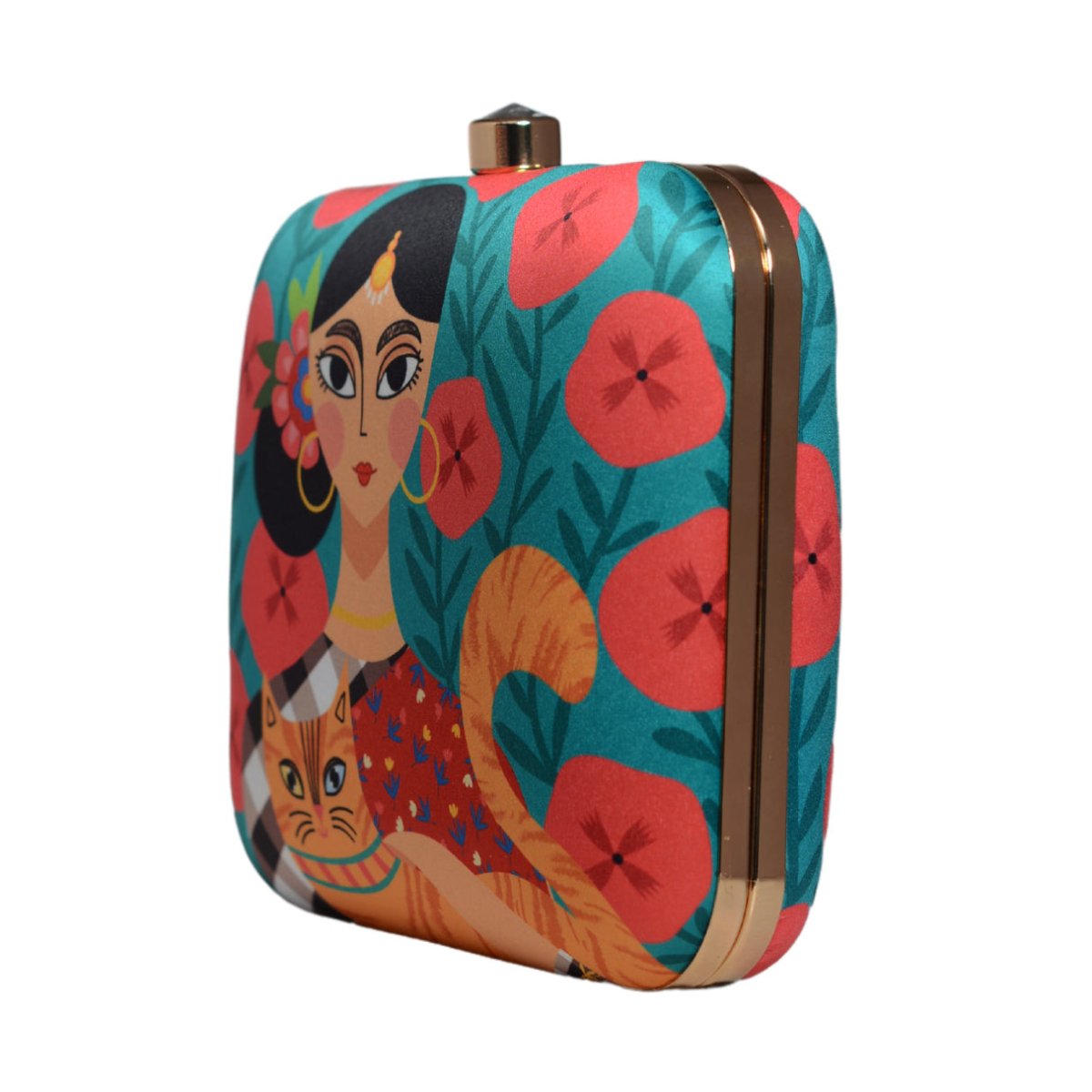 Lady With Cat Printed Clutch
