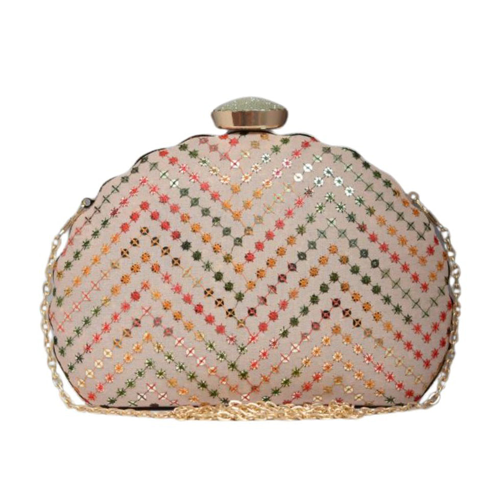 Artklim Beige Sequins Embroidered D-shape Clutch