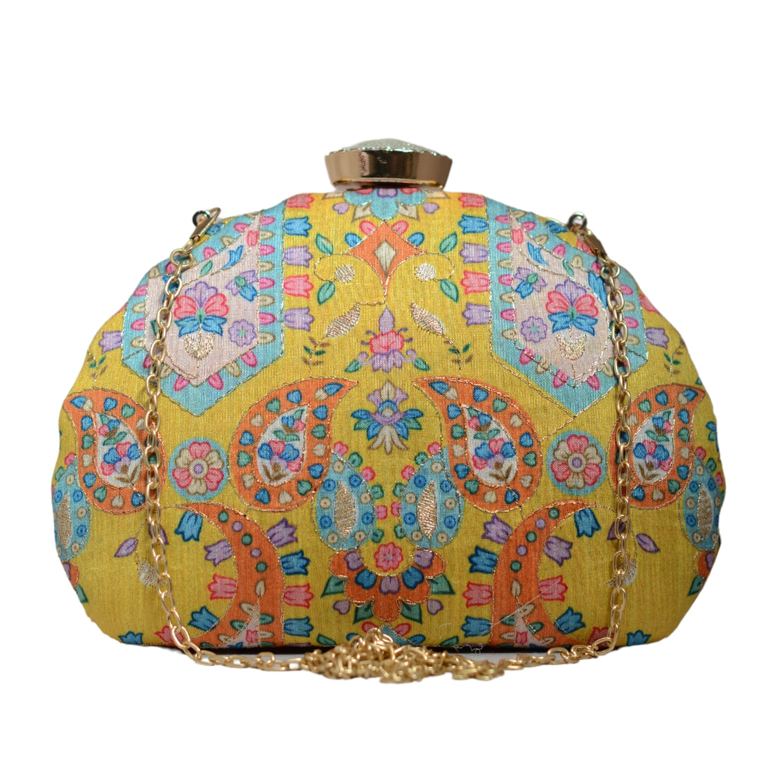 Yellow Floral Golden Zari Embroidery Clutch