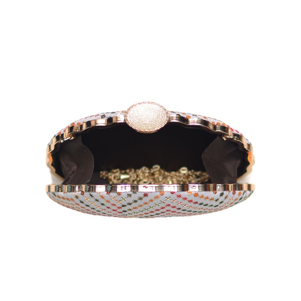 Artklim White Sequins Embroidered D-shape Clutch