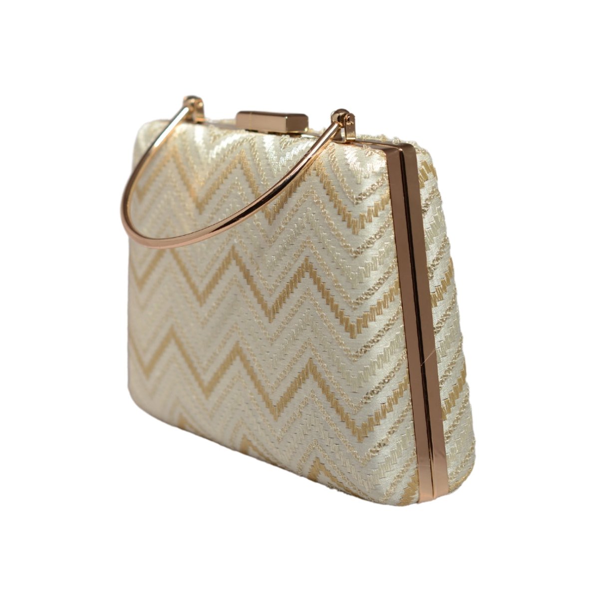 White And Golden Zigzag Embroidery Clutch