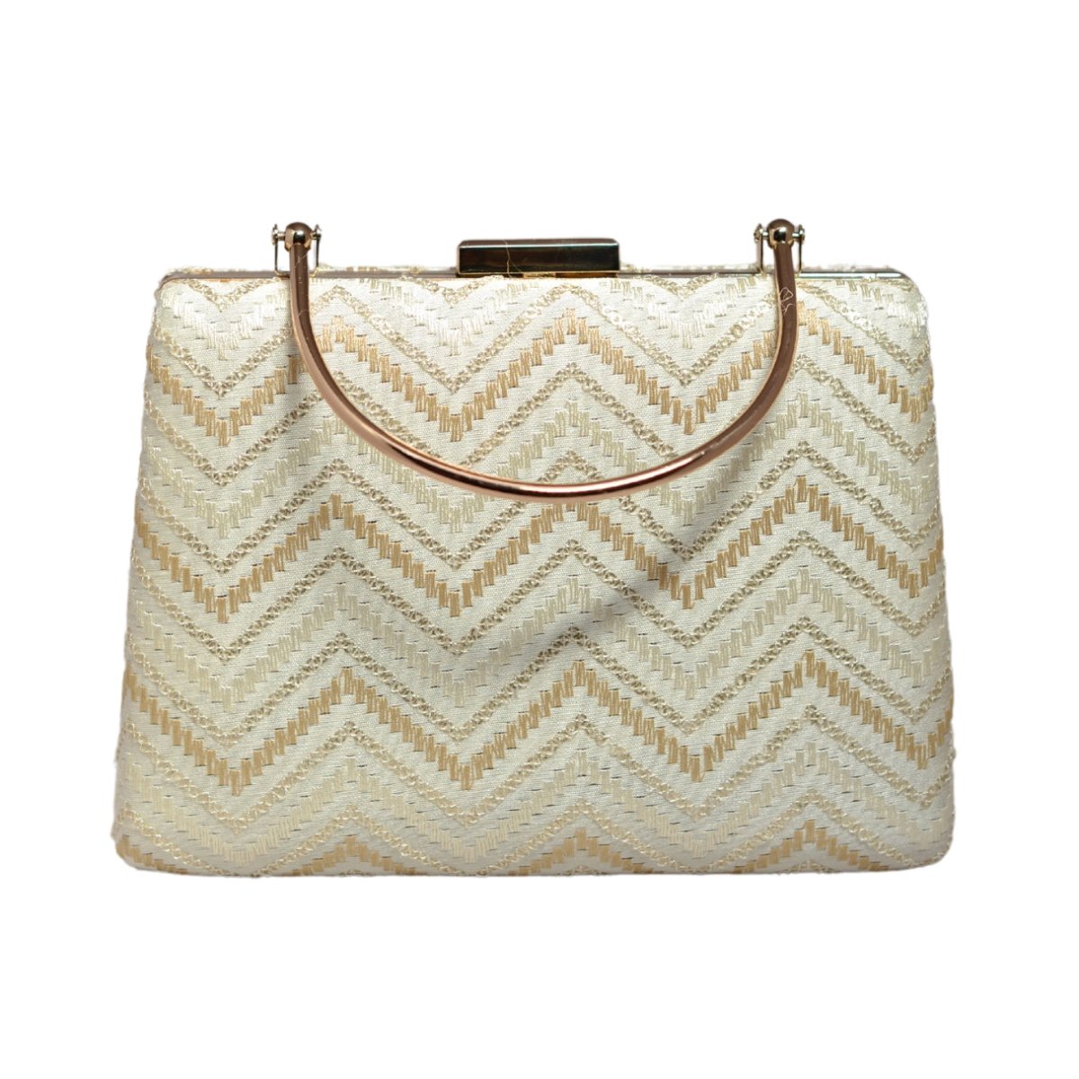 White And Golden Zigzag Embroidery Clutch