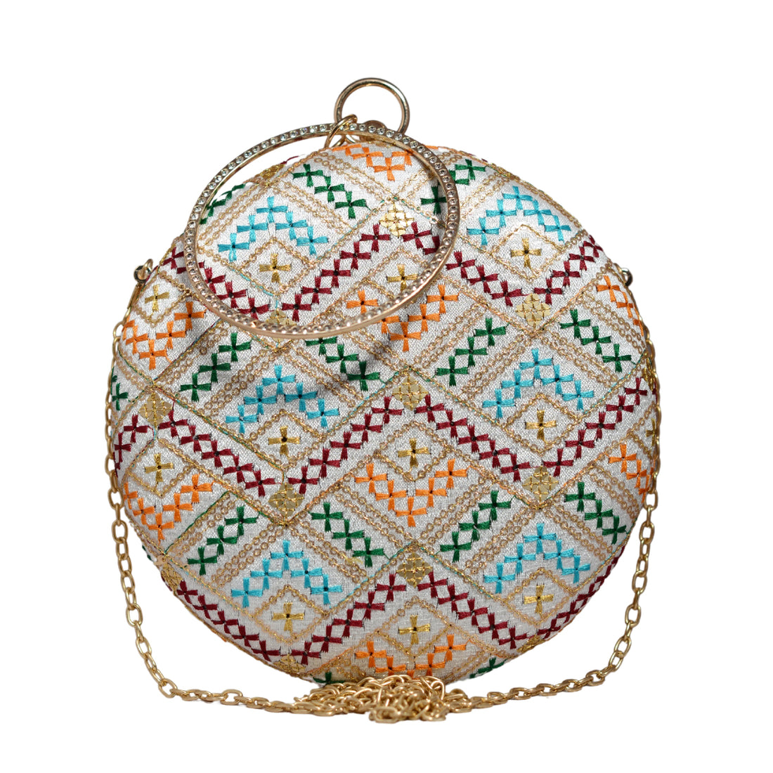 White Multicolor Embroidery Round Clutch