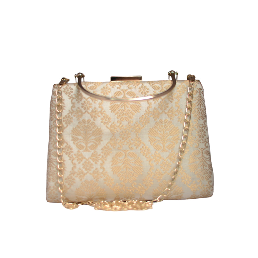 Artklim Cream And Golden Brocade Party Clutch