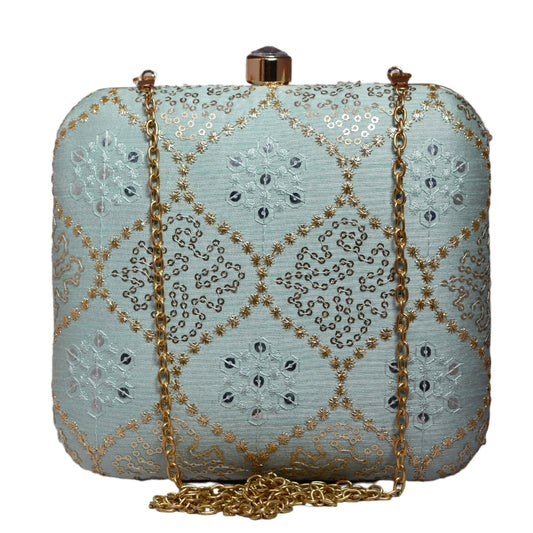 Sky Blue Multipattern Sequins Embroidery Clutch