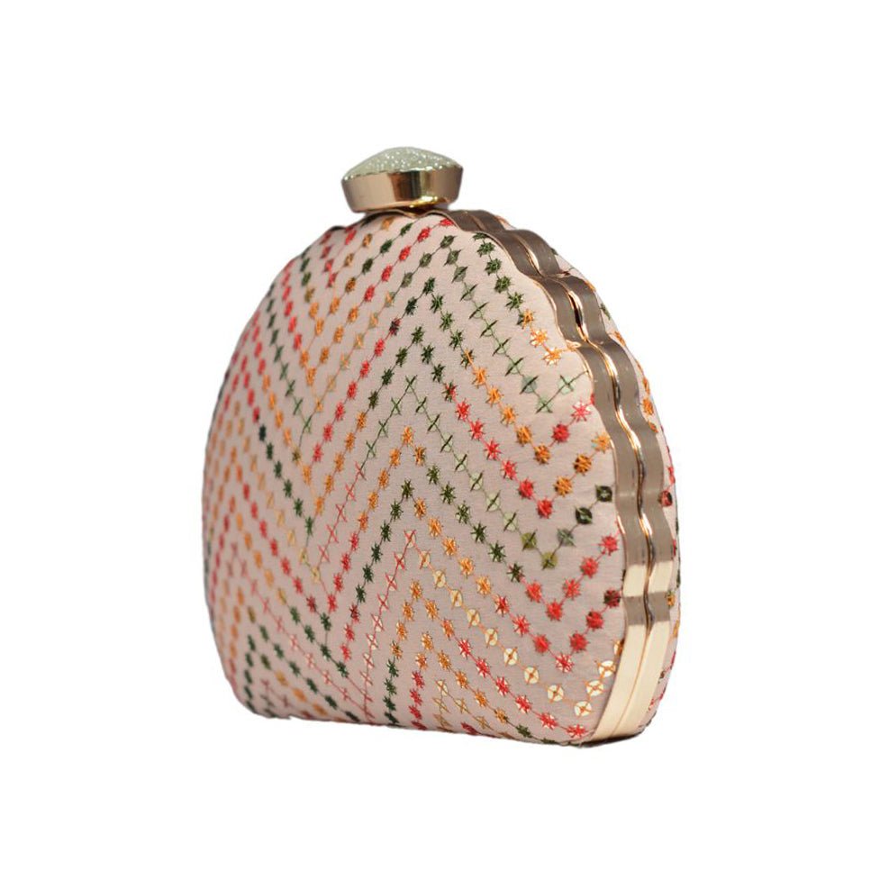 Artklim Beige Sequins Embroidered D-shape Clutch