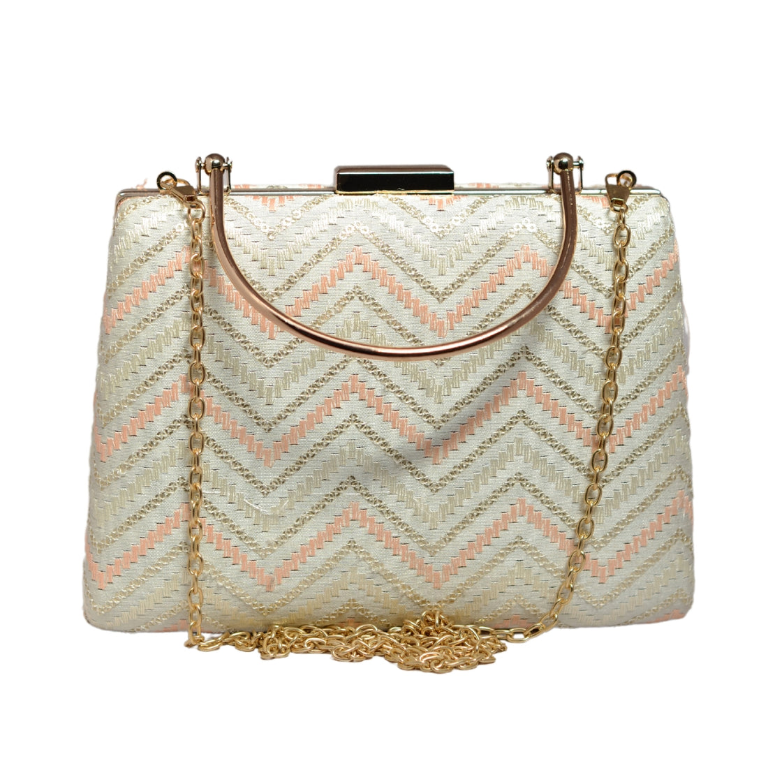 White And Peach Zigzag Embroidery Clutch