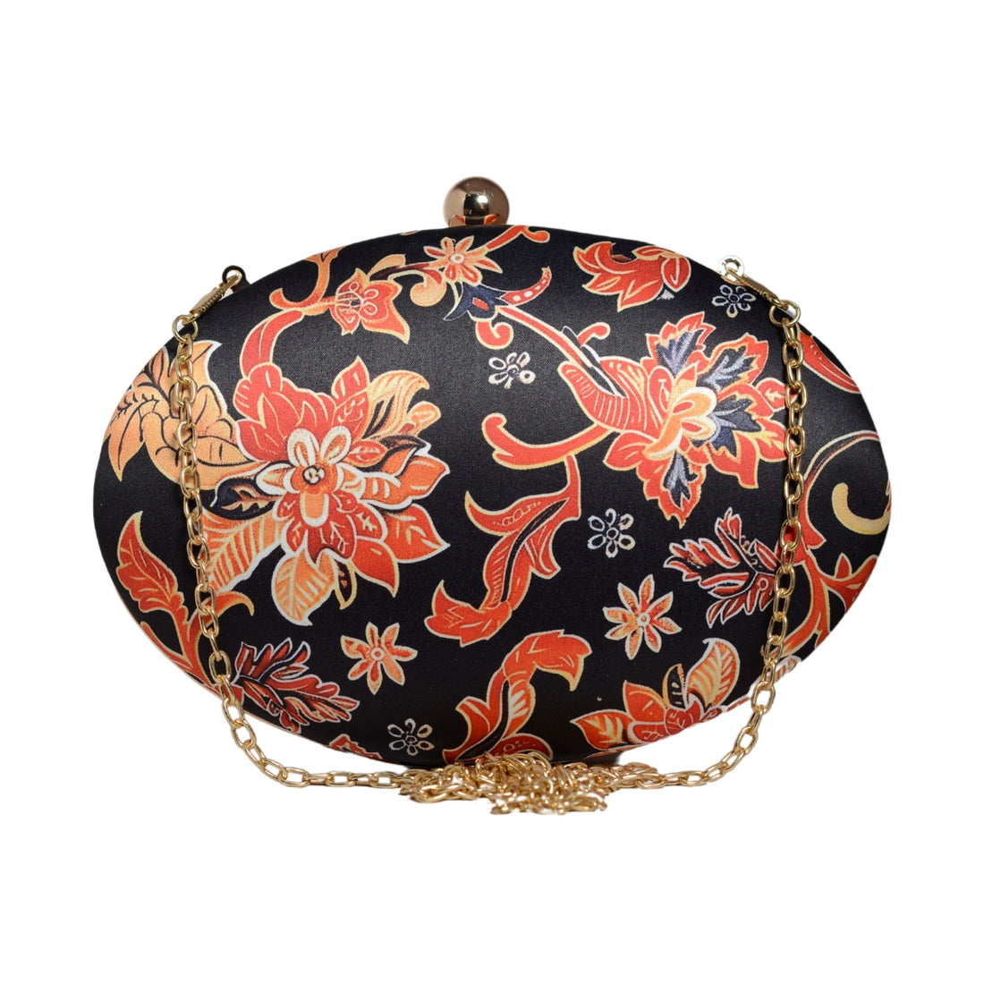 Black And Red Floral Printed Oval Clutch