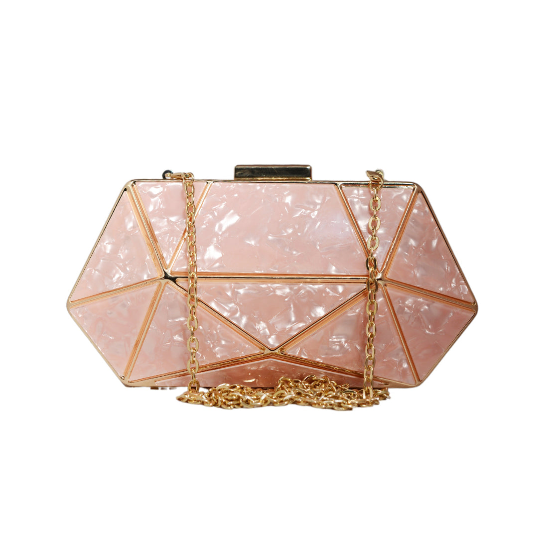 Peach Acrylic MOP Cutout Hexagon Metal Clutch