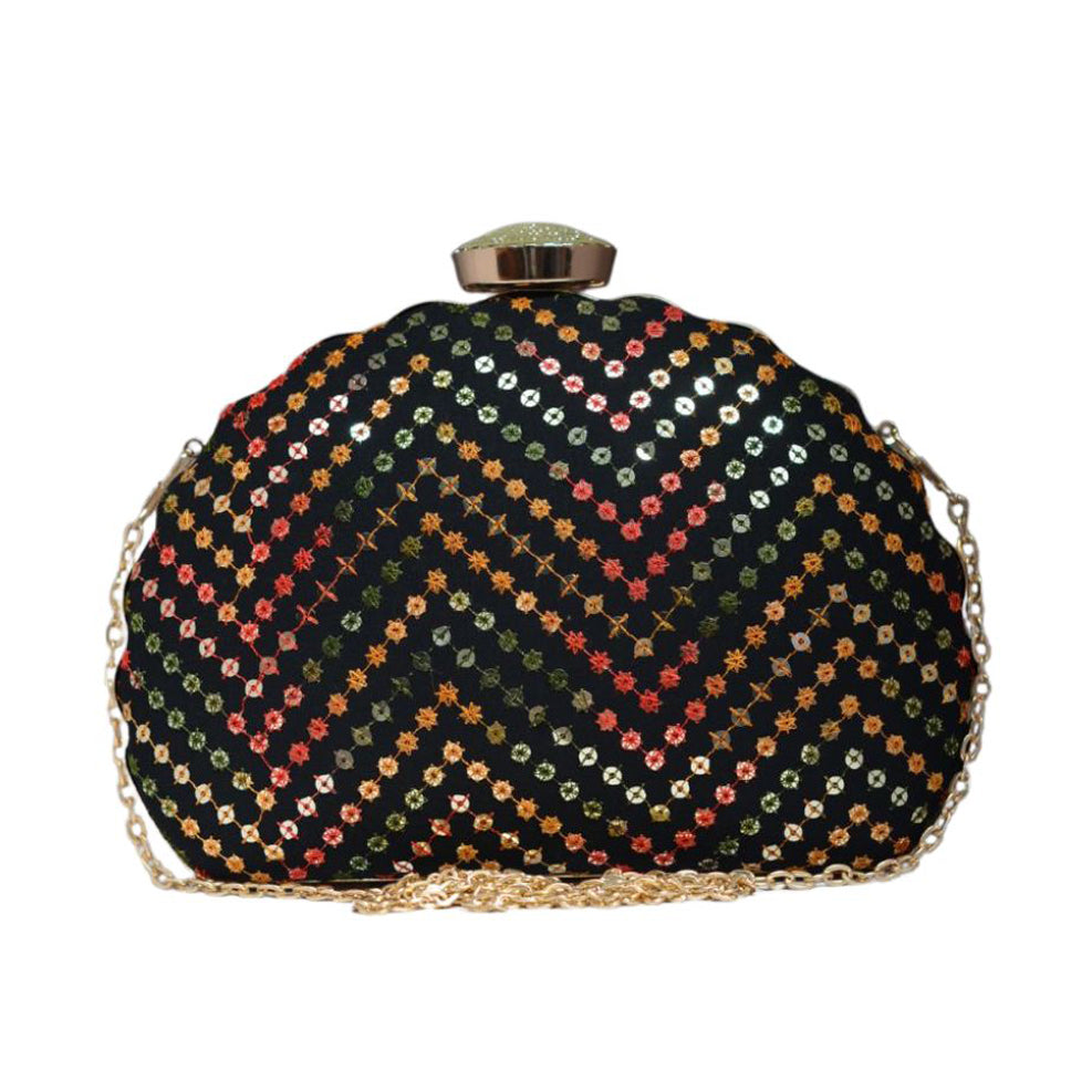 Artklim Black Sequins Embroidery D-shape Clutch