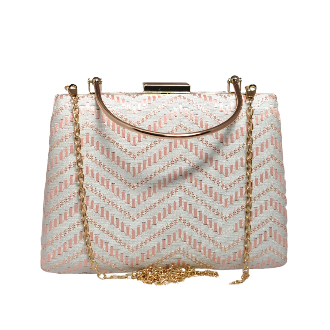 White And Rose Gold Zigzag Embroidery Clutch