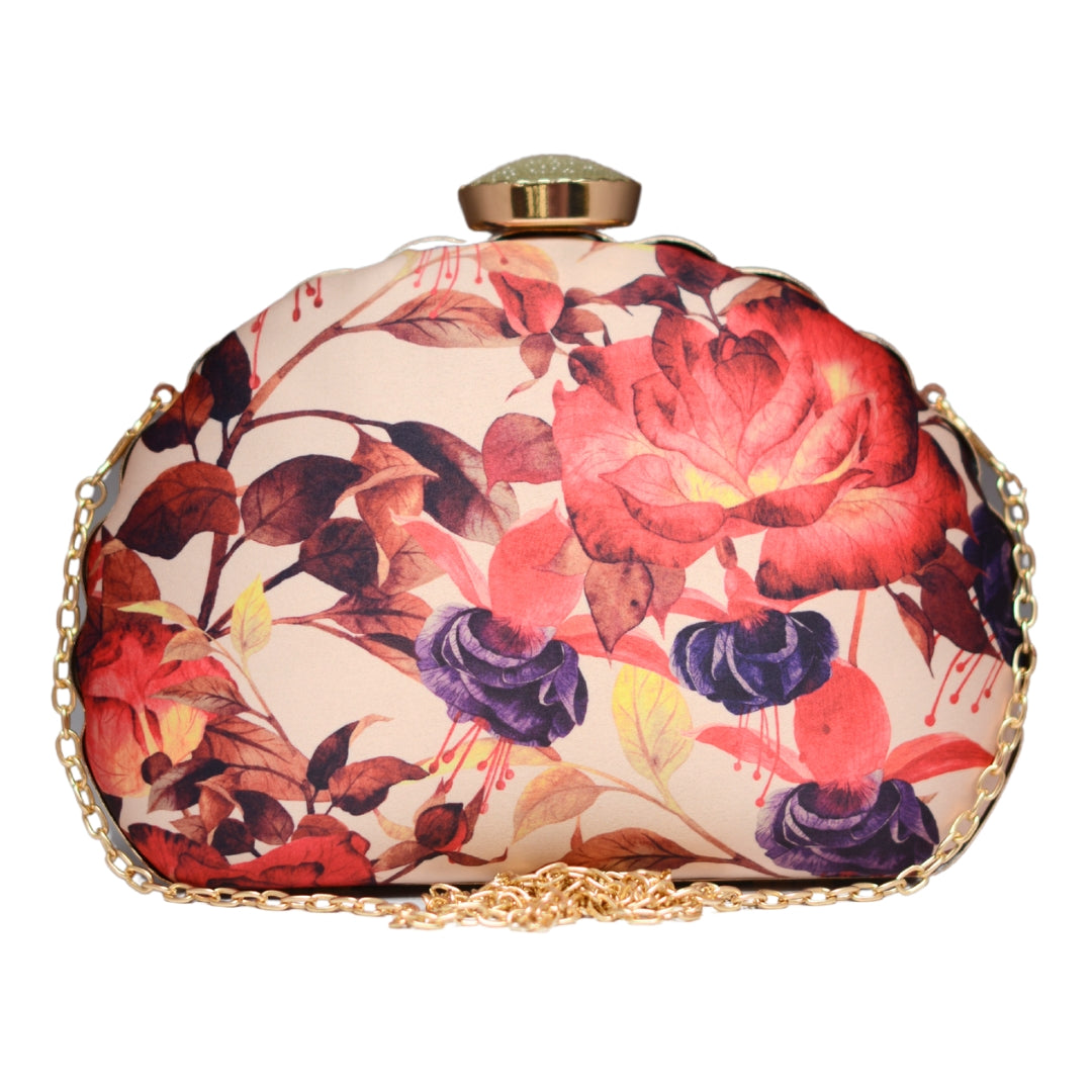 Artklim Beige Based Floral Printed D-shape Clutch