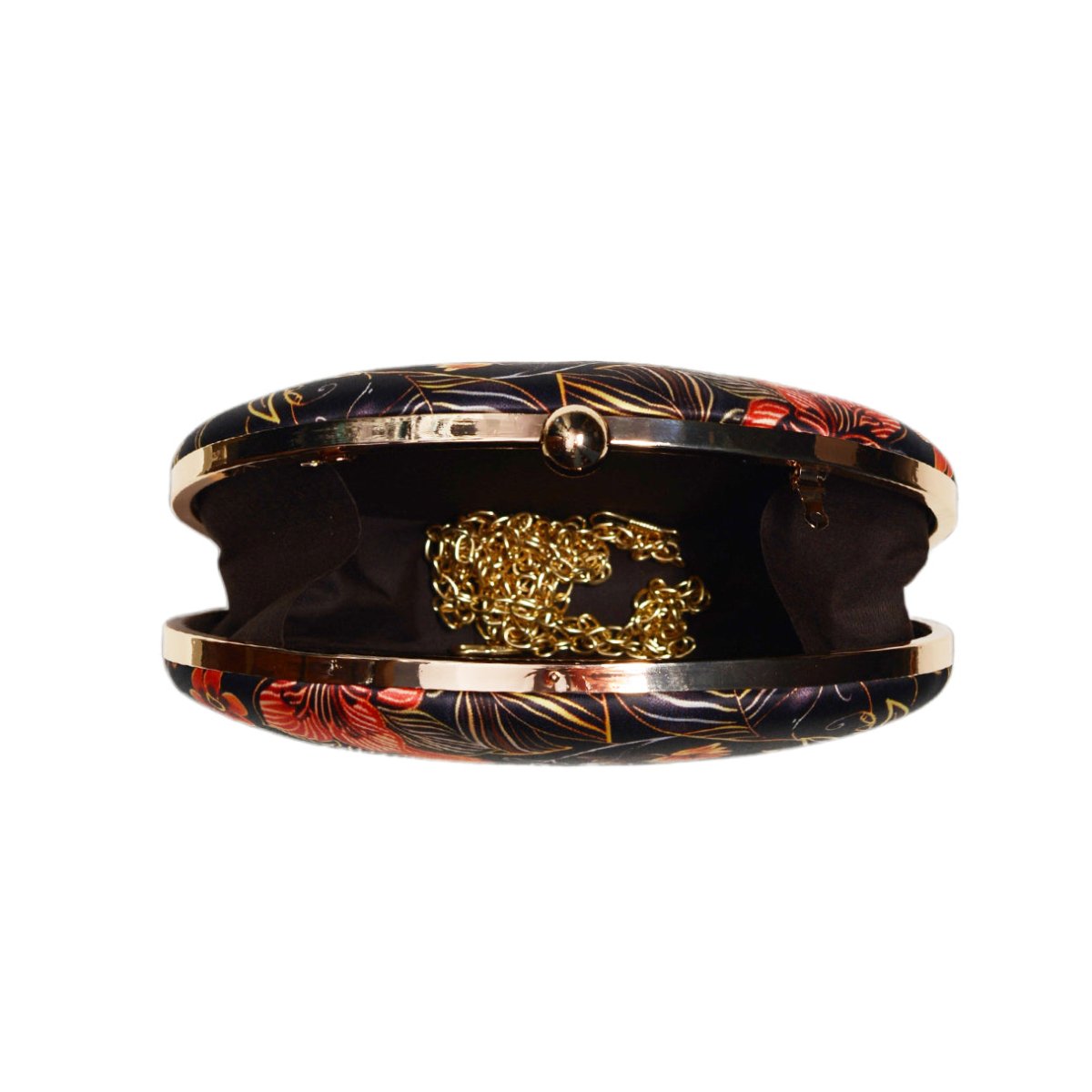 Orange Floral And Leaves Printed Oval Clutch