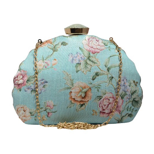 Turquoise Floral Printed Zari Embroidery Clutch
