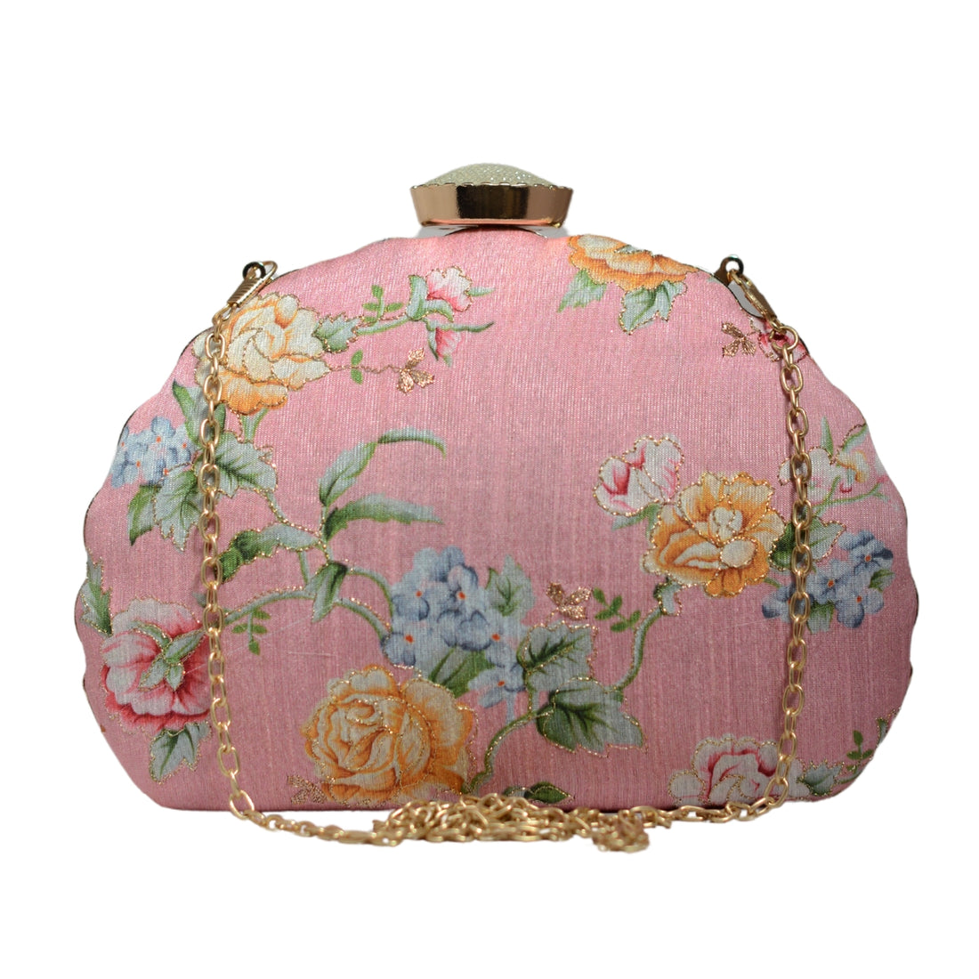 Pink Floral Printed Zari Embroidery Clutch