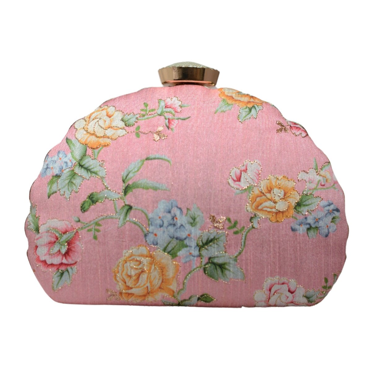 Pink Floral Printed Zari Embroidery Clutch