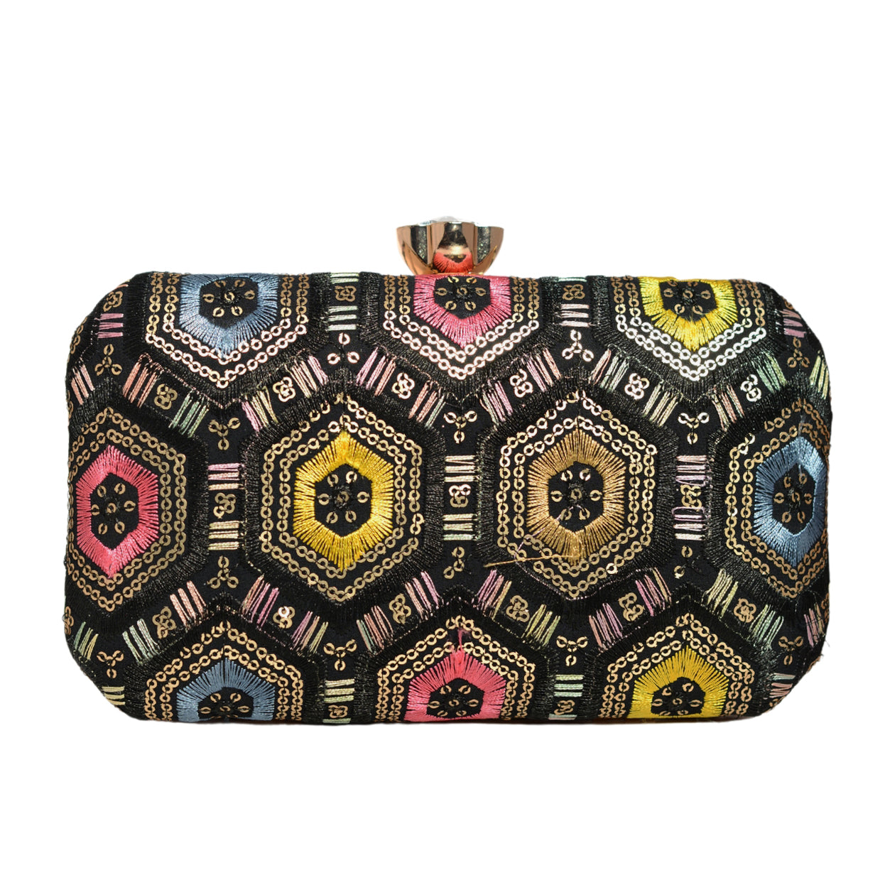 Black Rectangle Sequins Embroidery Clutch