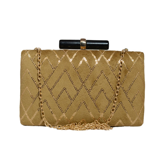 Golden Checks Pattern Sequins Embroidery Clutch