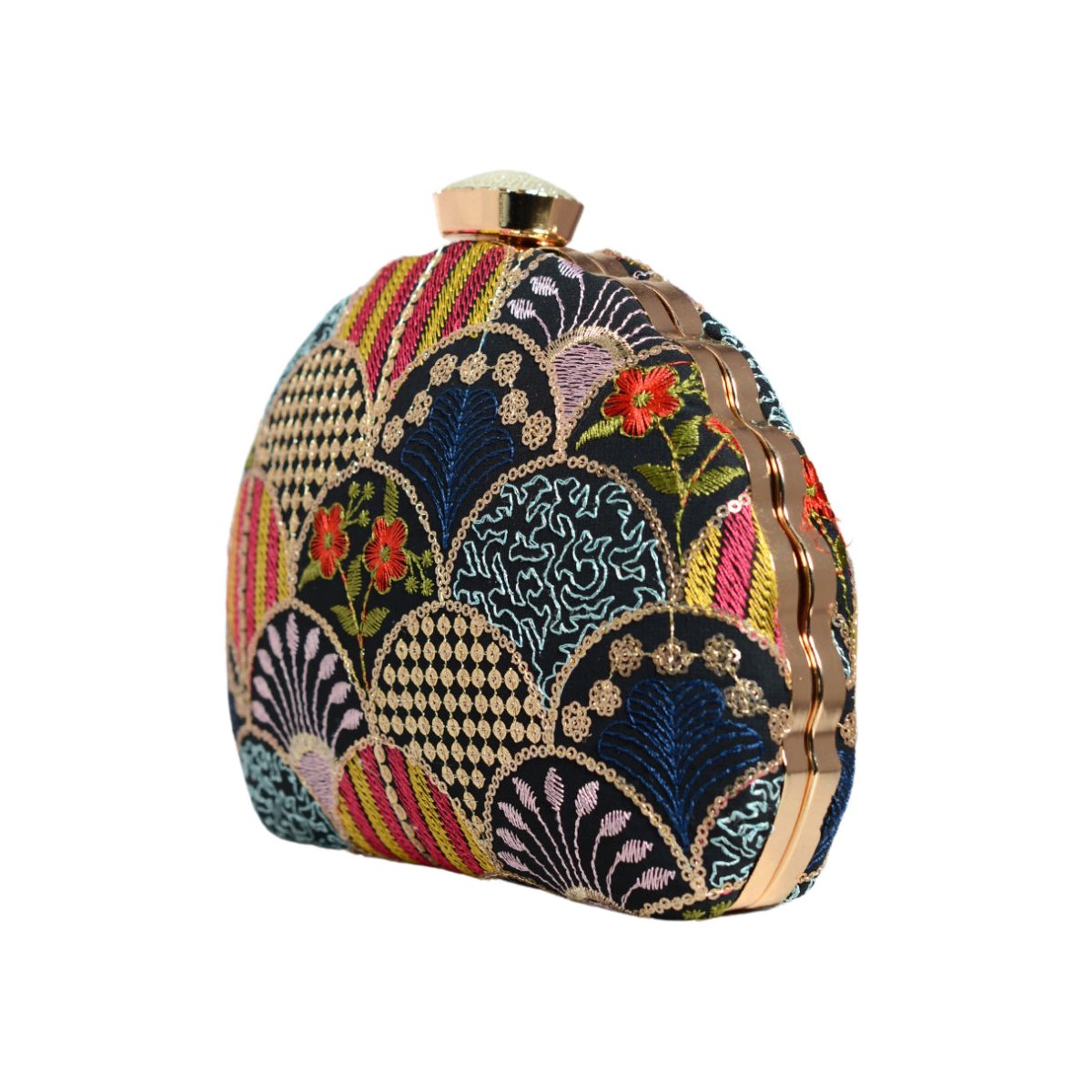 Black Sequins Embroidery Half Moon Clutch