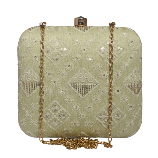 Off White Threadwork And Sequins Embroidery Clutch
