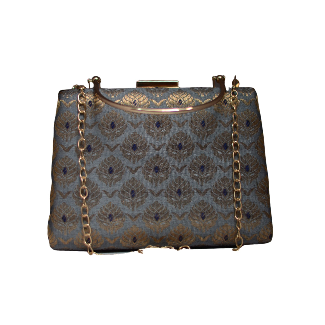 Artklim Grey And Golden Brocade Party Clutch