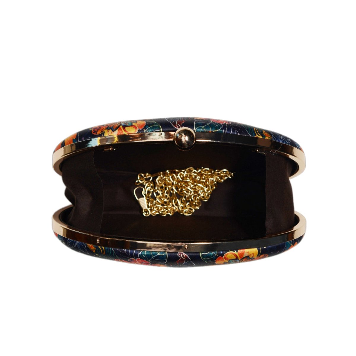 Black Floral And Leaves Printed Oval Clutch