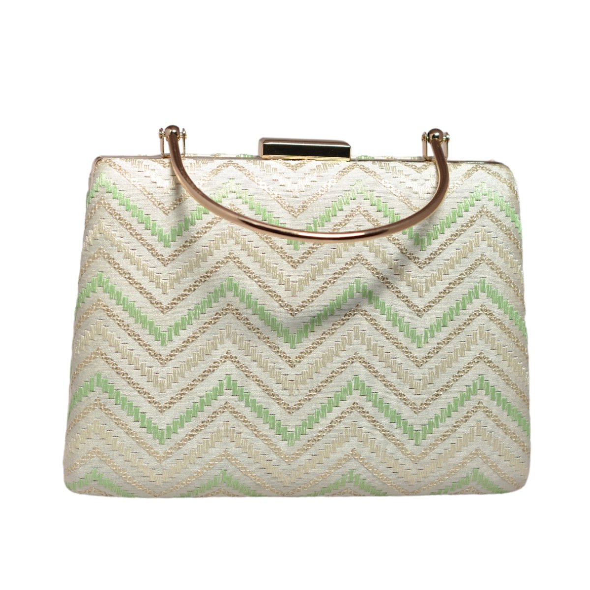 White And Green Zigzag Embroidery Clutch