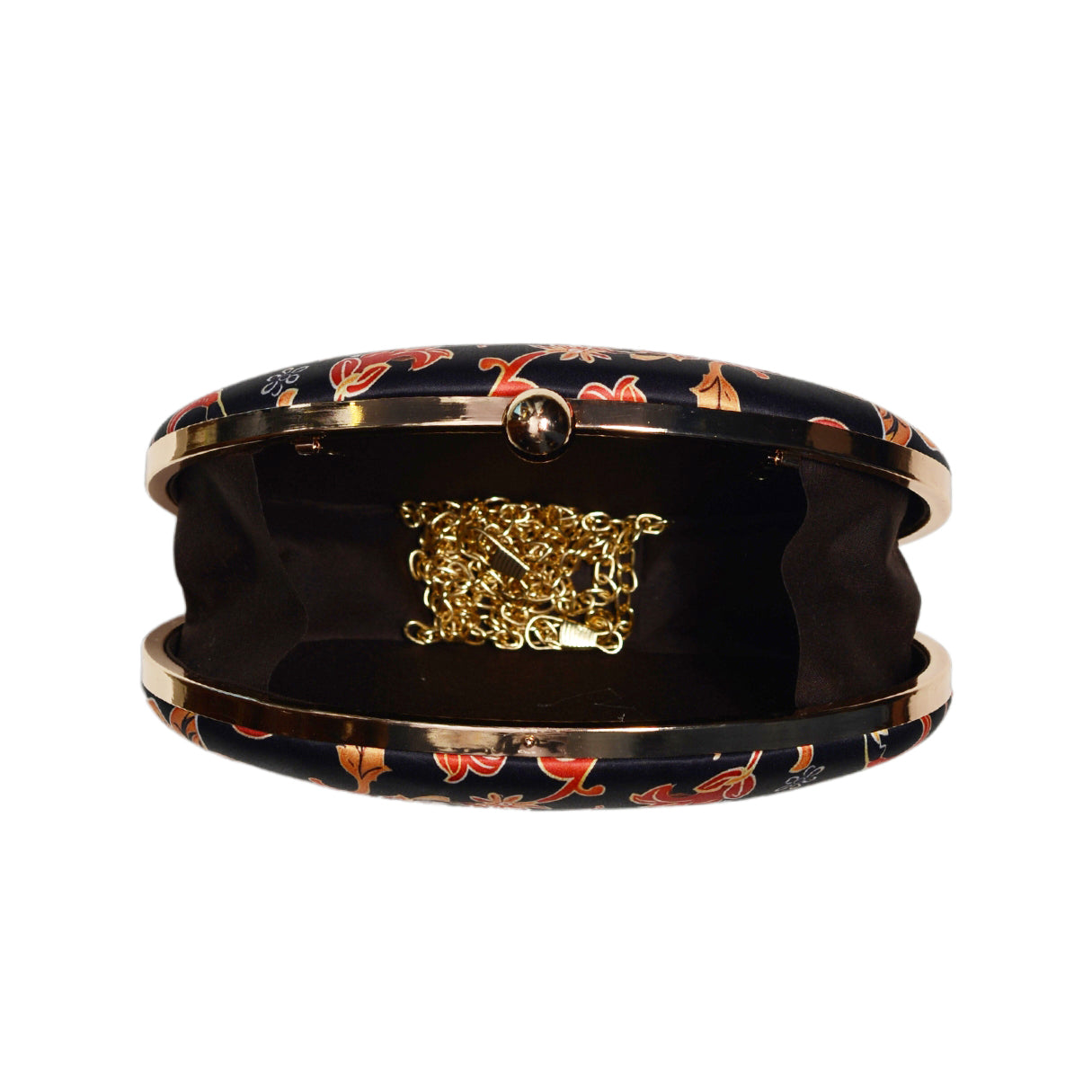 Black And Red Floral Printed Oval Clutch