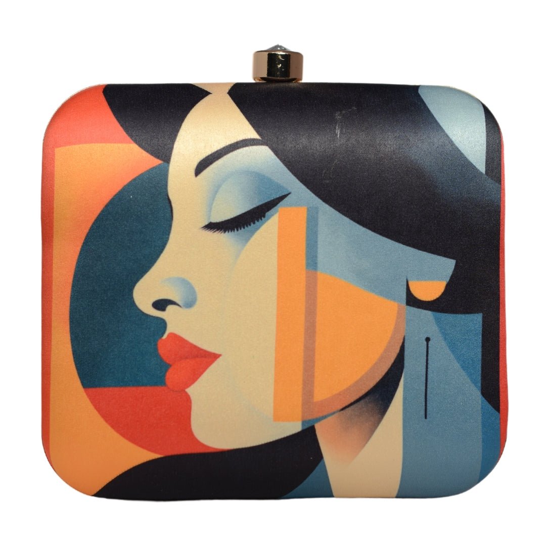 Multicoloured Side Face Women Portrait Printed Clutch