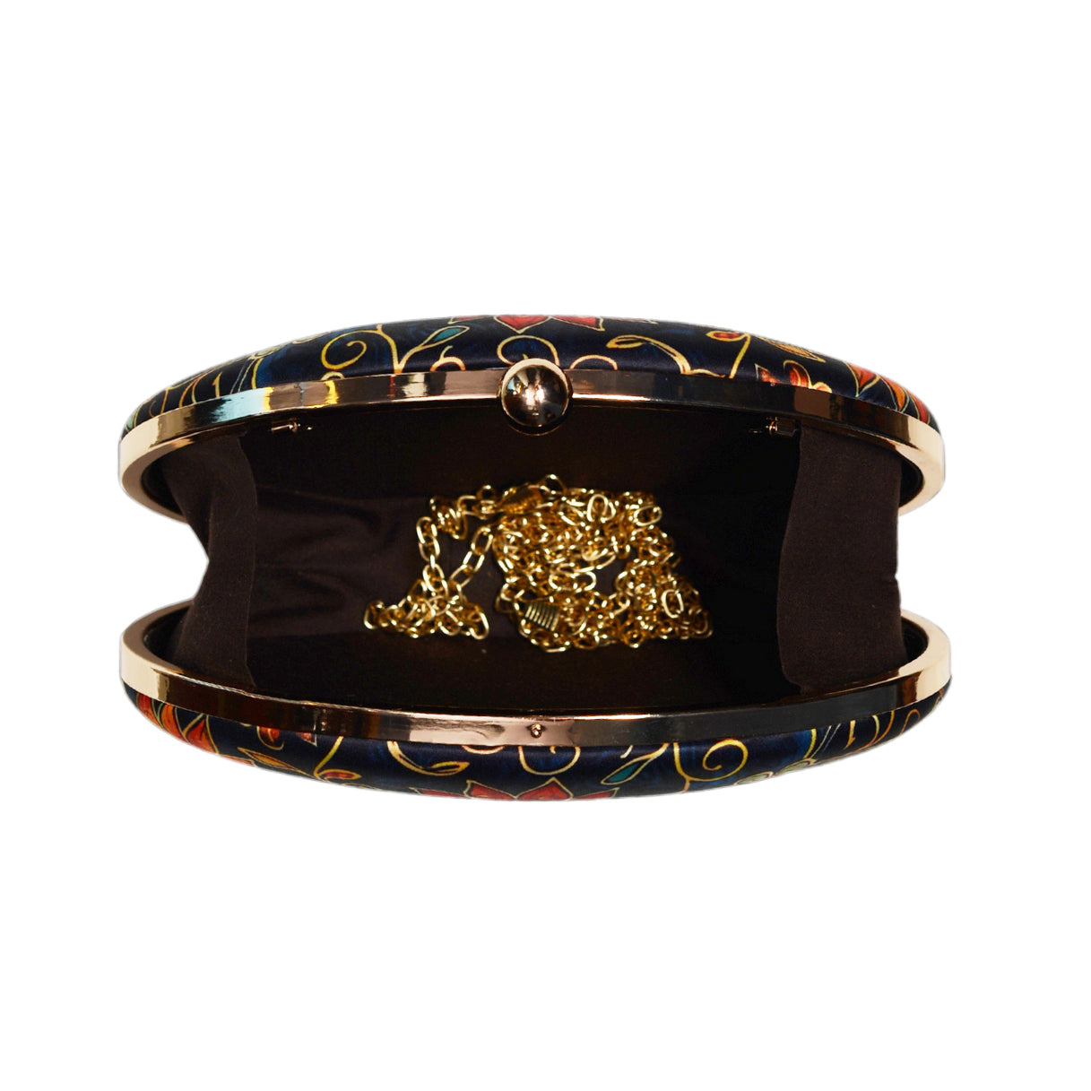 Blue And Orange Floral Printed Oval Clutch