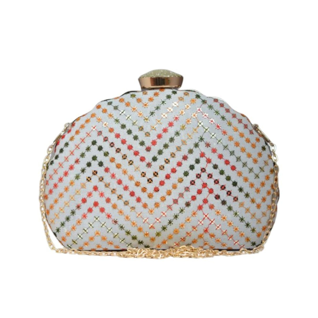 Artklim White Sequins Embroidered D-shape Clutch