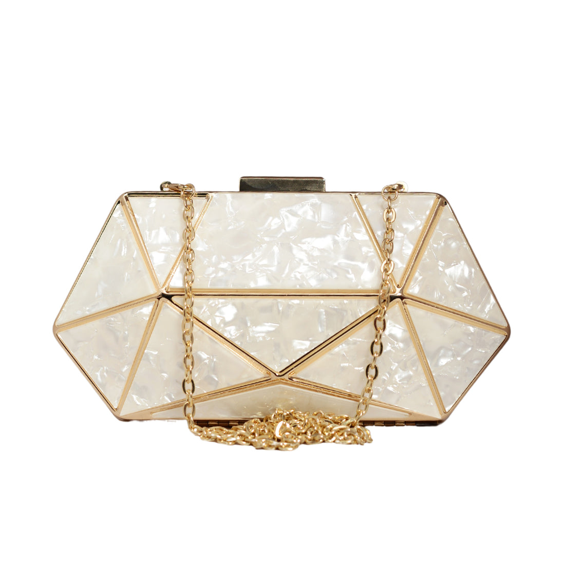 White Acrylic MOP Cutout Hexagon Metal Clutch