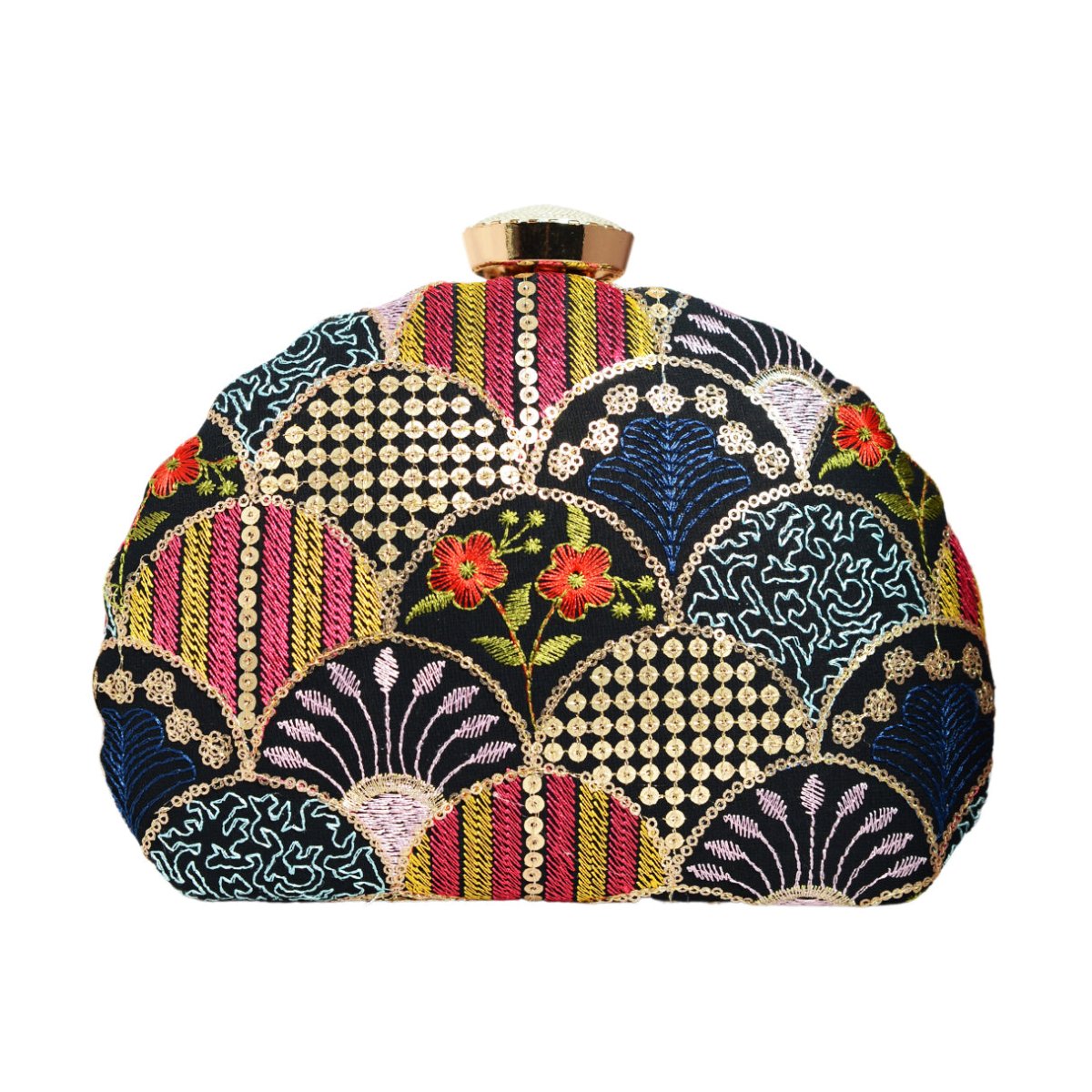 Black Sequins Embroidery Half Moon Clutch