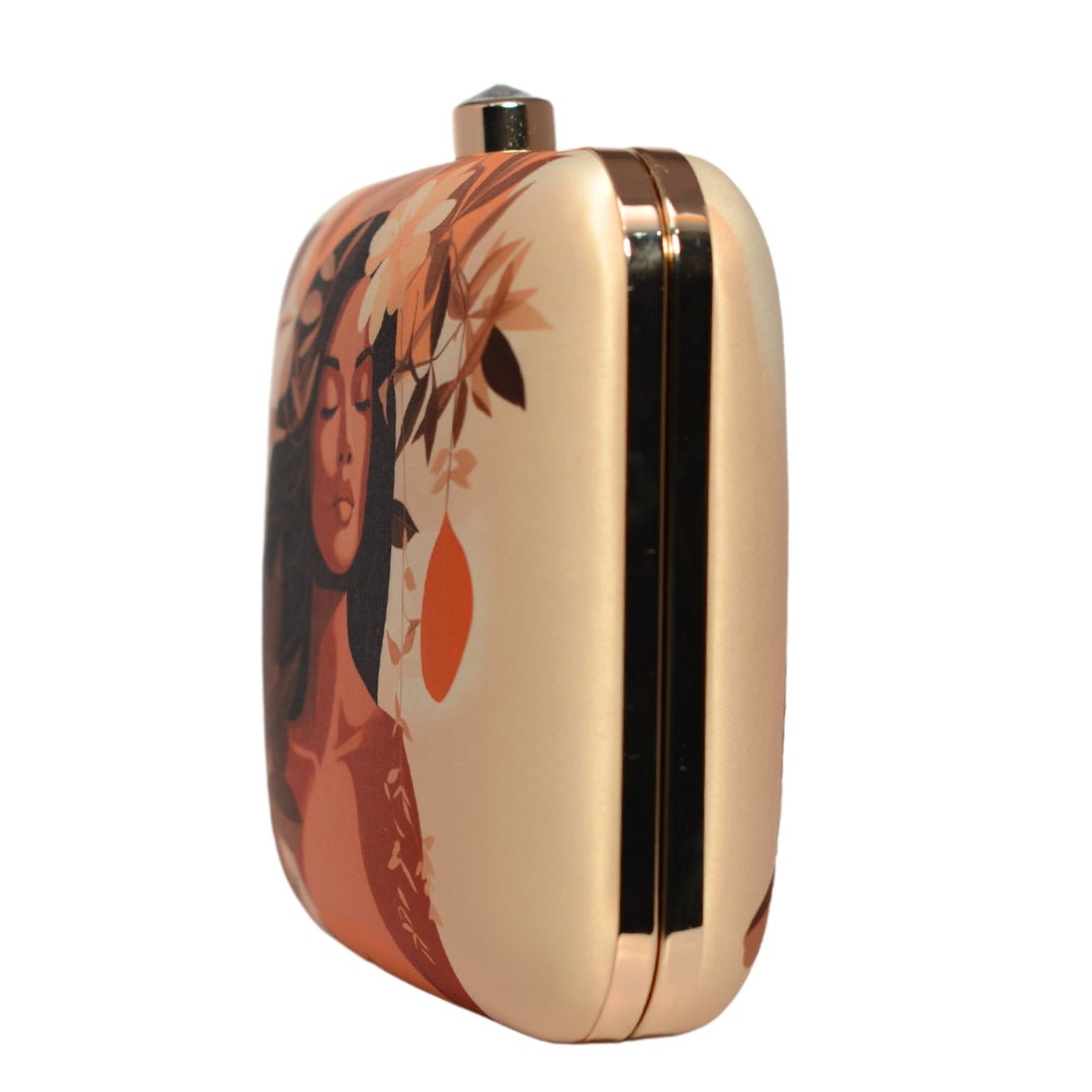 Beige Floral Women Portrait Printed Clutch