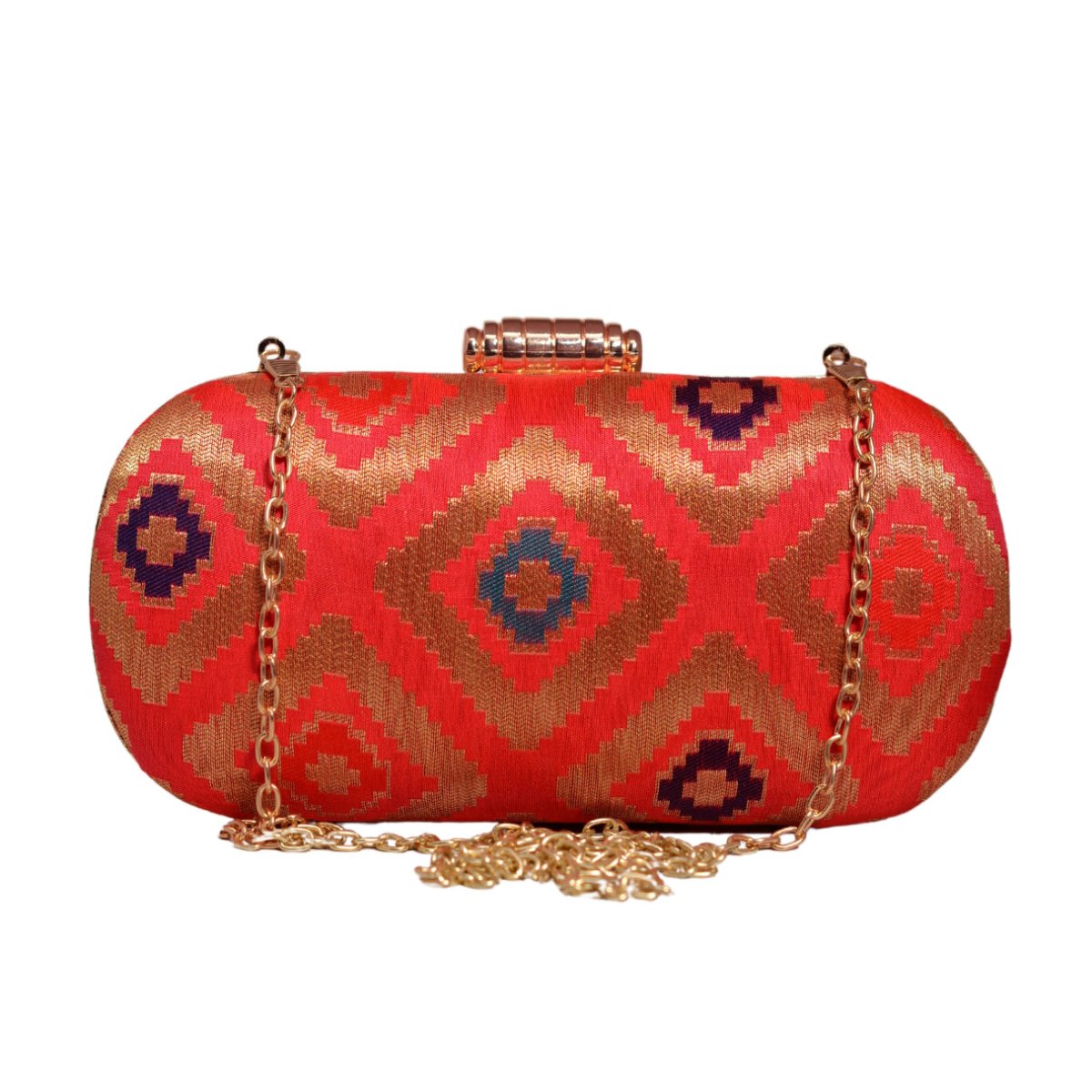 Red And Golden Brocade Fabric Clutch