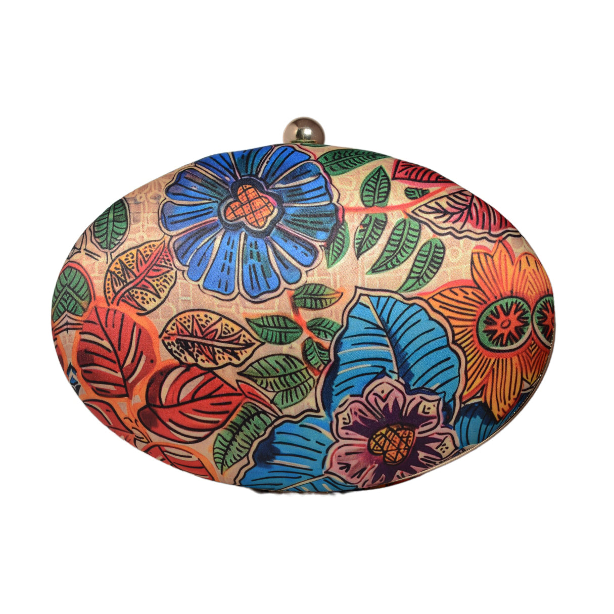 Orange And Blue Floral Printed Oval Clutch