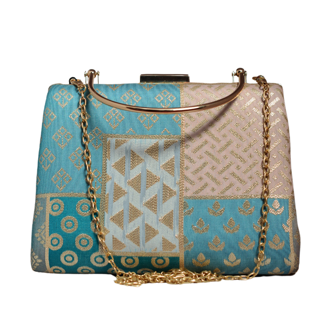 Blue Multipattern Brocade Fabric Clutch