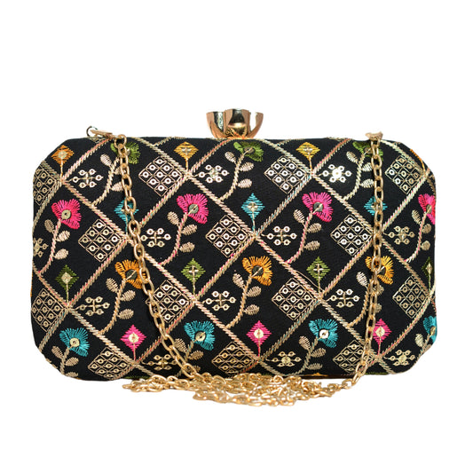 Black Sequins Floral Embroidery Party Clutch