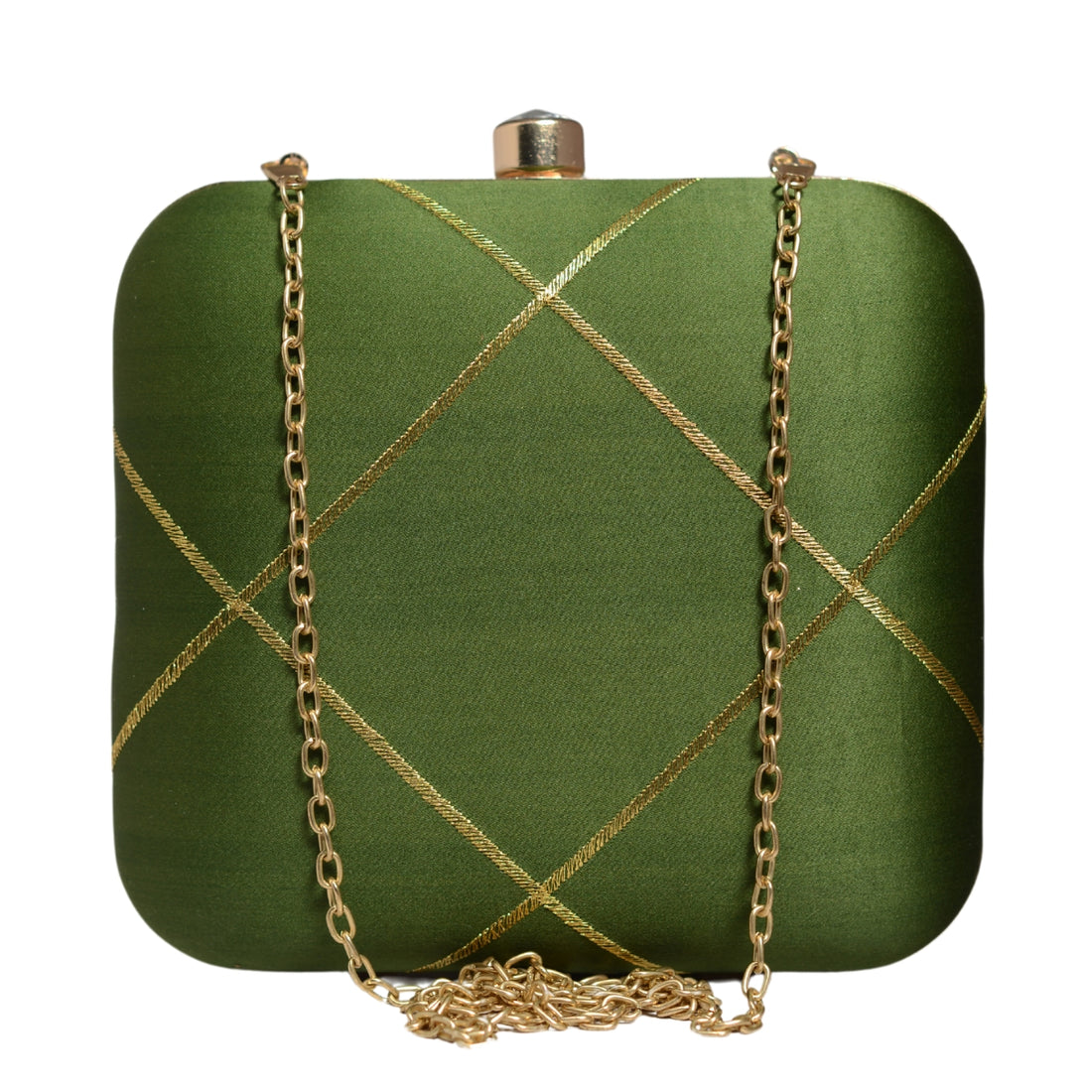 Olive Green And Golden Checks Embroidery Clutch