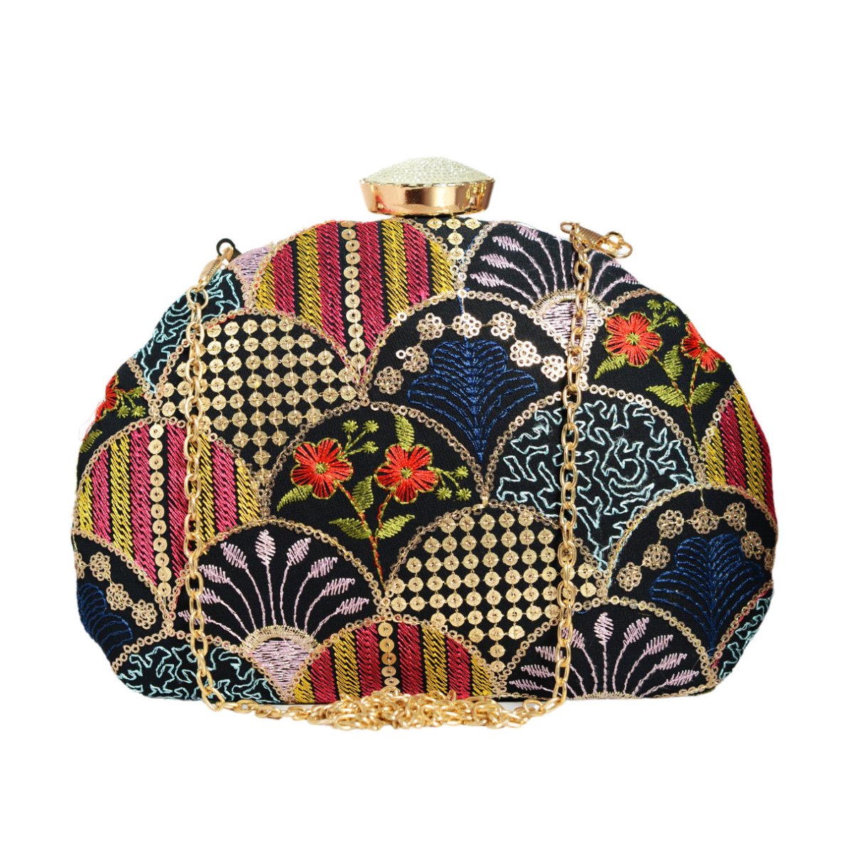 Black Sequins Embroidery Half Moon Clutch