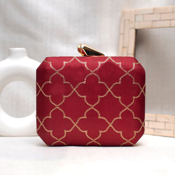 Maroon Sequins Floral Checks Embroidery Clutch